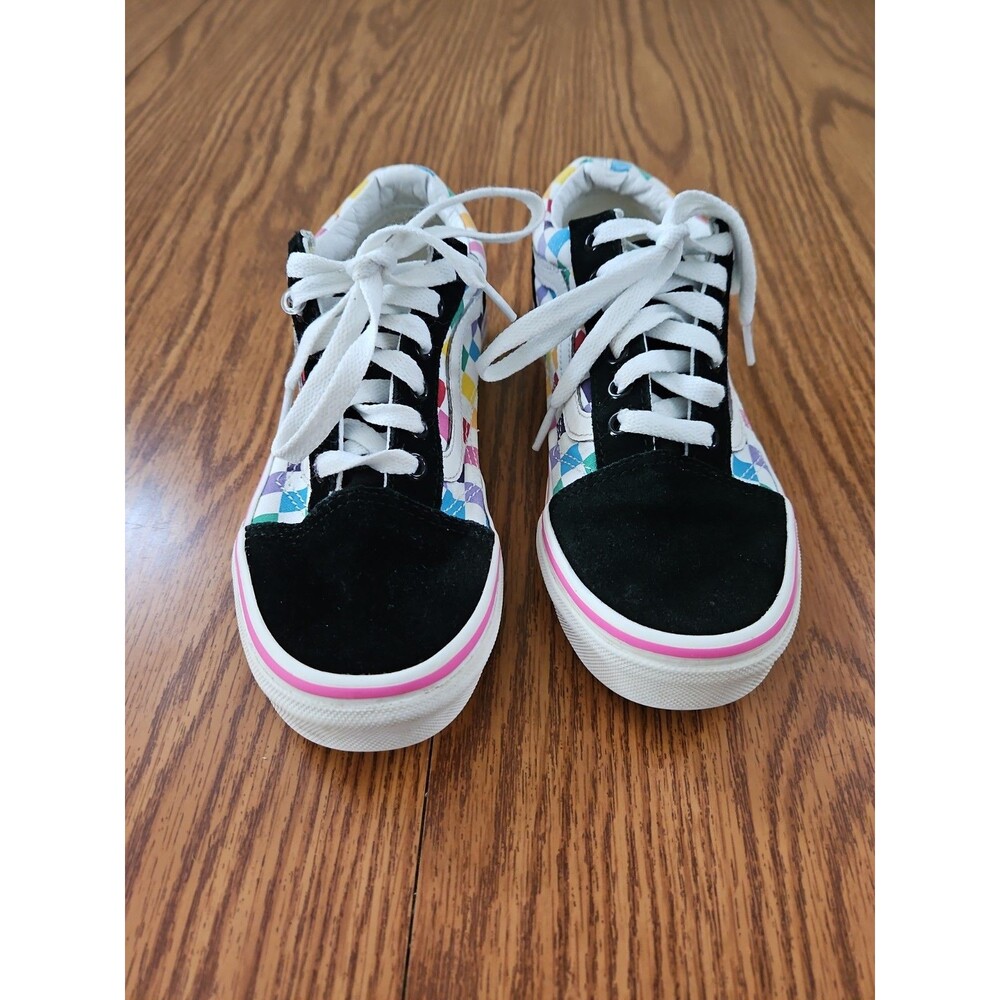 Vans Old Skool Kids Size 3 Rainbow Checkerboard Skate Shoes Black White Sneakers
